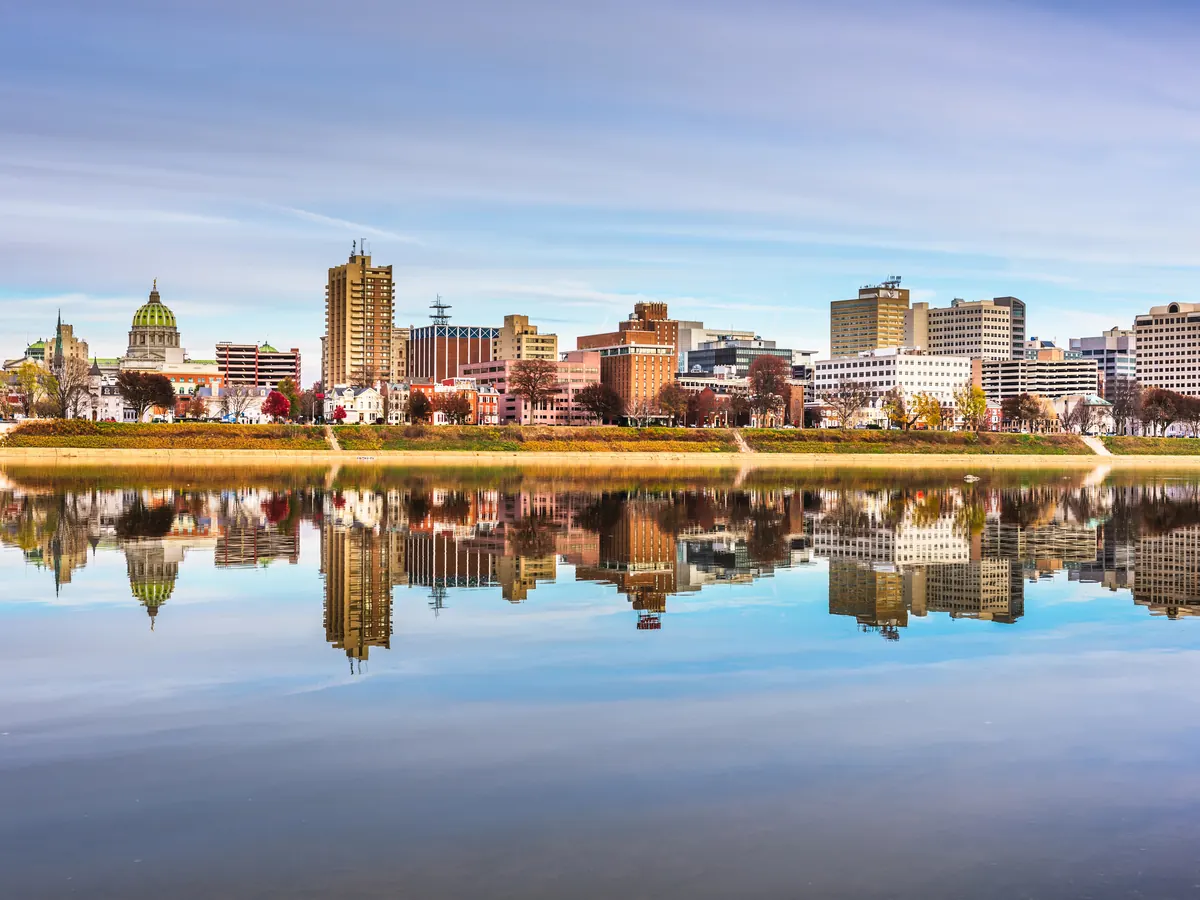 Harrisburg, Pennsylvania skyline and the State Capitol reflected in the Susquehanna River