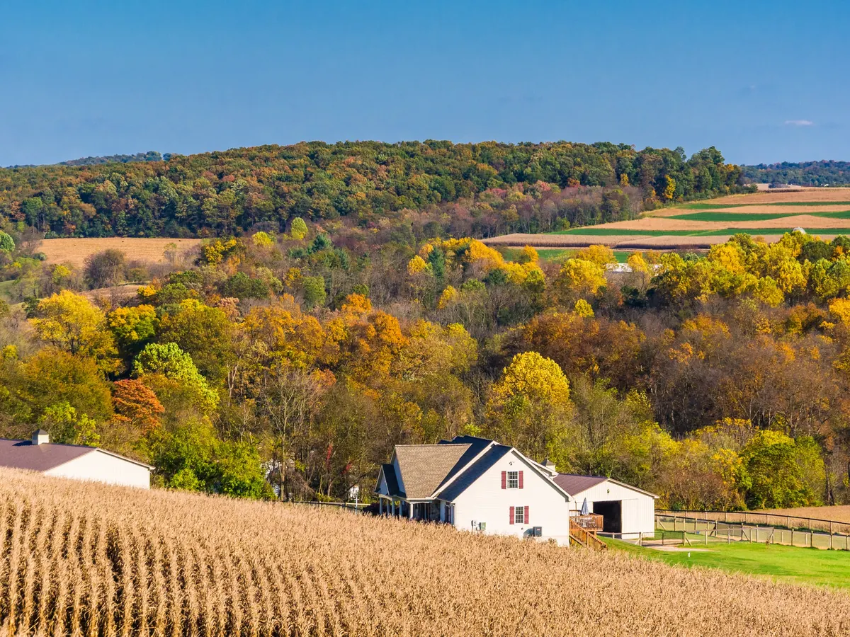 Autumn hills, farm fields and a country home in Pennsylvania